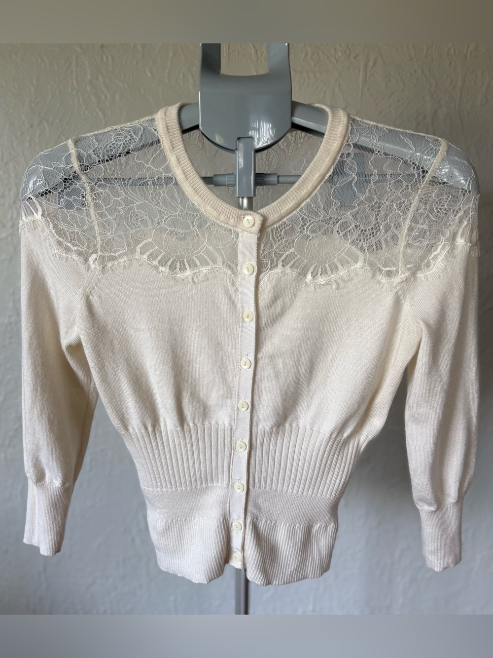 Antonio Melani XS Ivory Wool Blend Floral Lace Yoke Button Cardigan